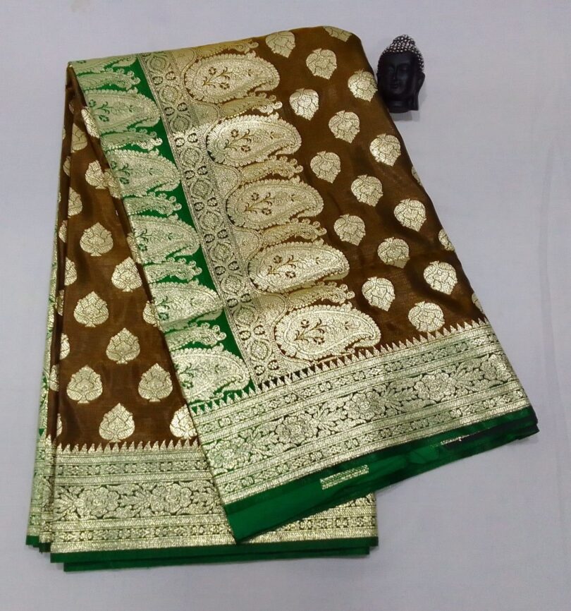 2B Mustard Brown wb Emerald Green with Golden Zari Banarasi Silk Saree - Image 2