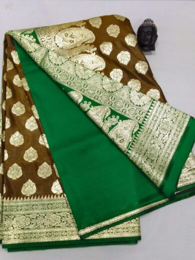 2B Mustard Brown wb Emerald Green with Golden Zari Banarasi Silk Saree