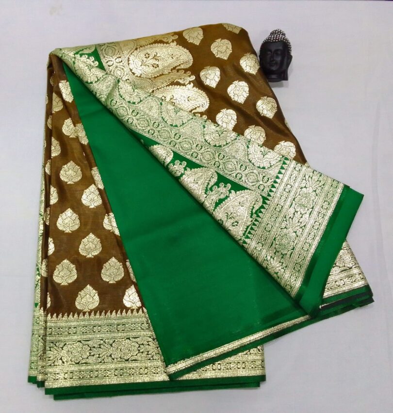 2B Mustard Brown wb Emerald Green with Golden Zari Banarasi Silk Saree