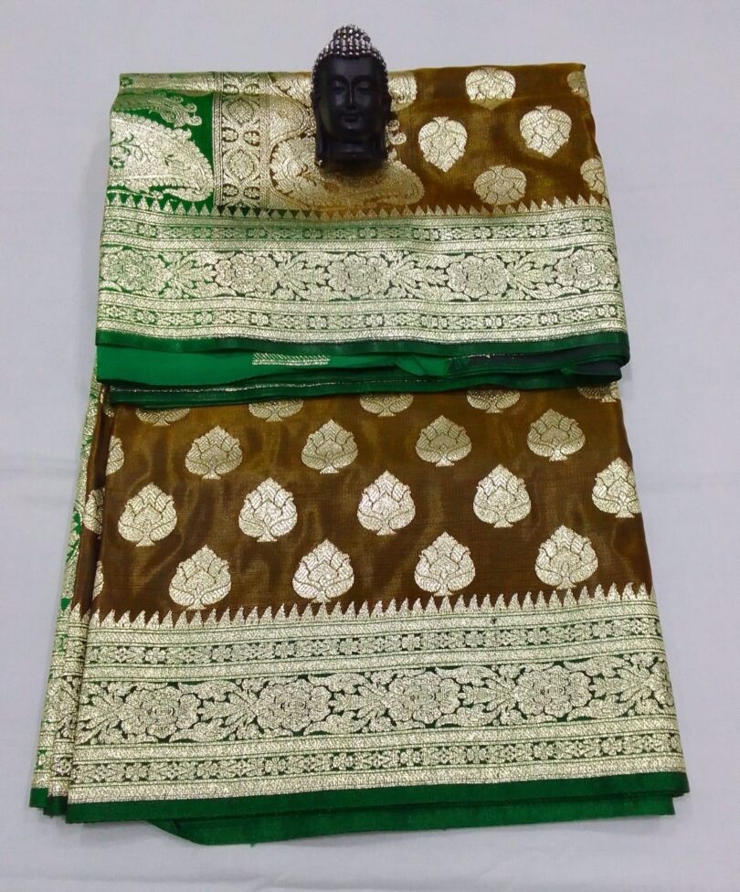 2B Mustard Brown wb Emerald Green with Golden Zari Banarasi Silk Saree - Image 4