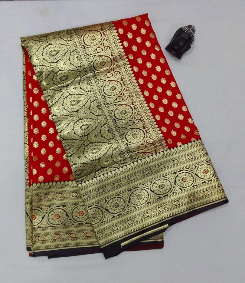 2B Royal Red wb Coal Black with Golden Zari Banarasi Silk Saree - Image 2