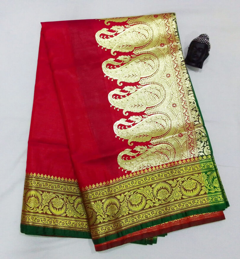 2B Ruby Red wb Emerald Green with Golden Zari Banarasi Silk Saree - Image 2