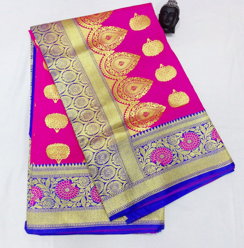 2B Magenta Pink wb Royal Blue with Golden Zari Banarasi Silk Saree - Image 2
