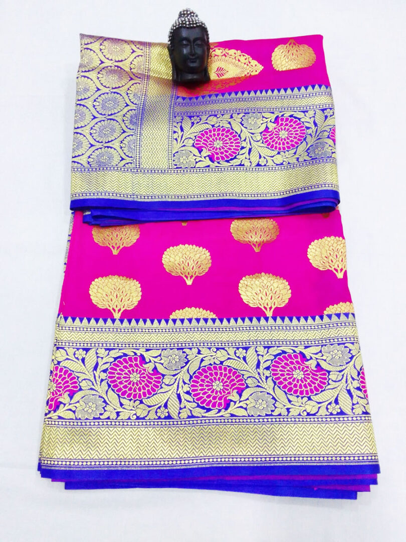 2B Magenta Pink wb Royal Blue with Golden Zari Banarasi Silk Saree - Image 4