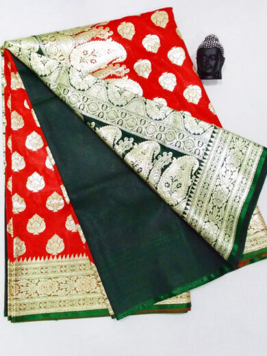 2B Scarlet Red wb Dark Green with Golden Zari Banarasi Silk Saree