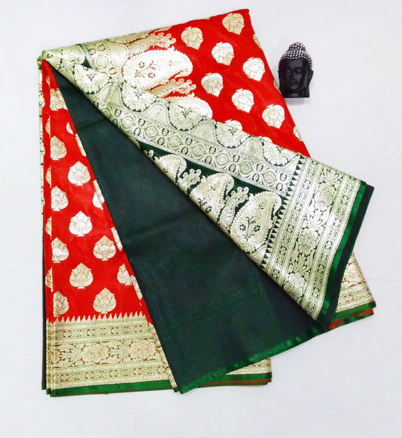 2B Scarlet Red wb Dark Green with Golden Zari Banarasi Silk Saree