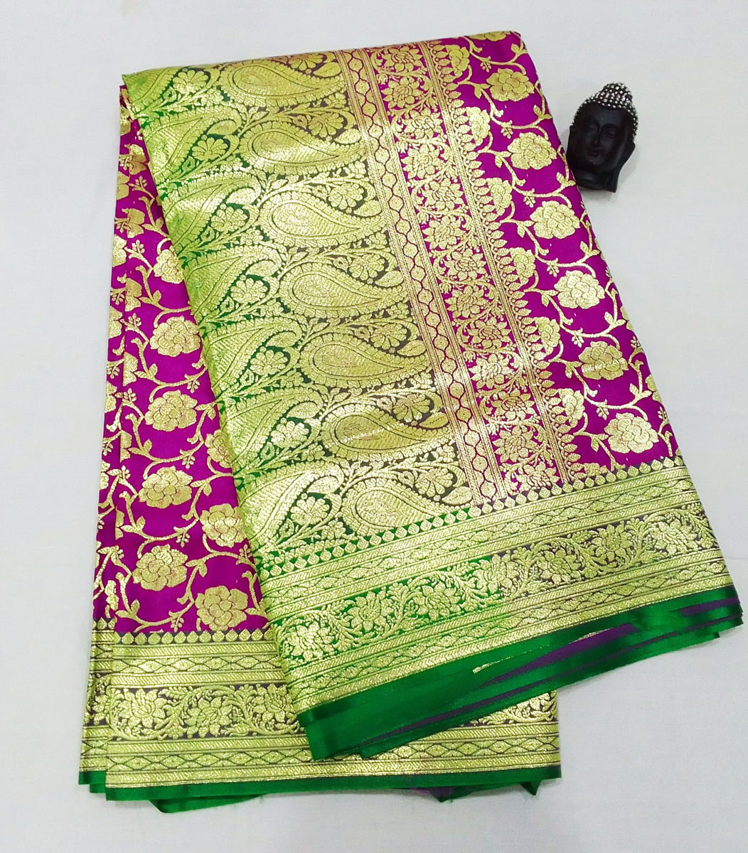 2B Merlot Pink wb Emerald Green with Golden Zari Banarasi Silk Saree - Image 4