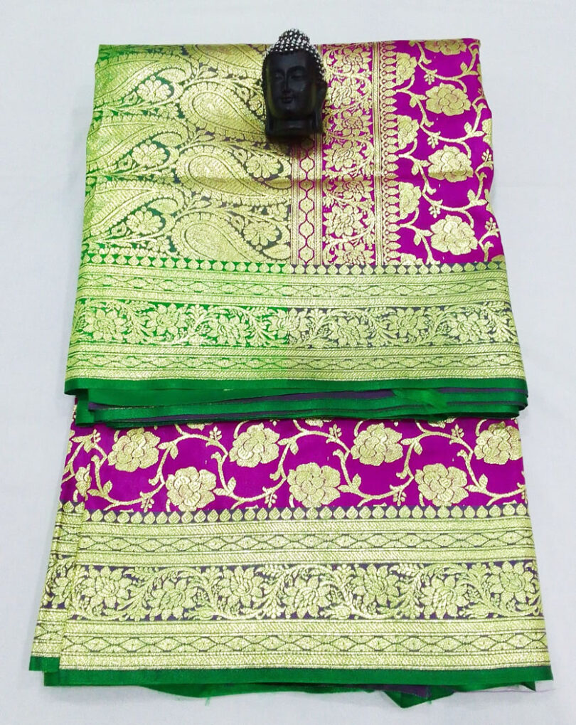2B Merlot Pink wb Emerald Green with Golden Zari Banarasi Silk Saree - Image 5