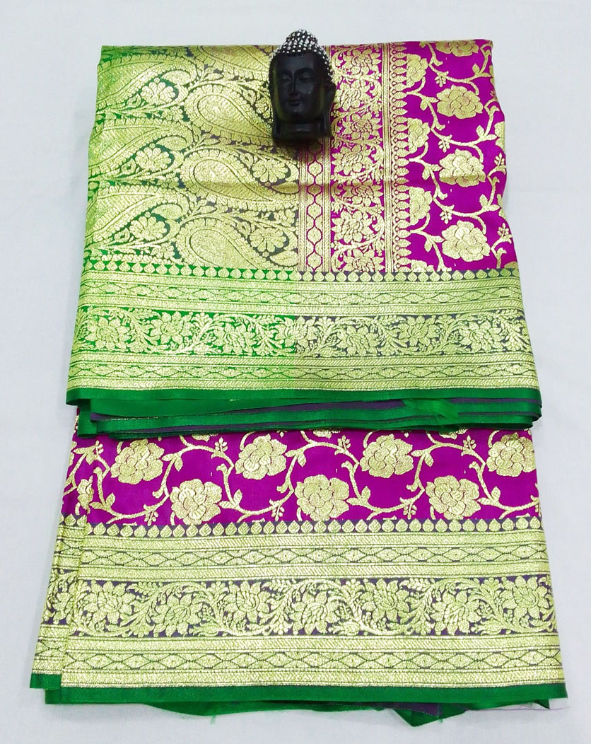 2B Merlot Pink wb Emerald Green with Golden Zari Banarasi Silk Saree - Image 5
