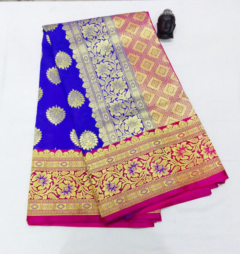 2B Royal Blue wb Barbie Pink with Golden Zari Banarasi Silk Saree - Image 2