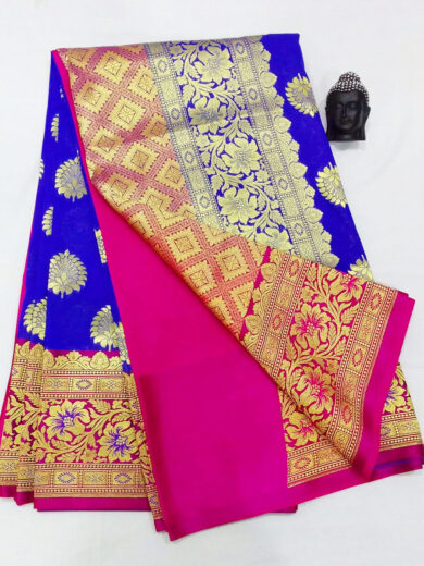 2B Royal Blue wb Barbie Pink with Golden Zari Banarasi Silk Saree