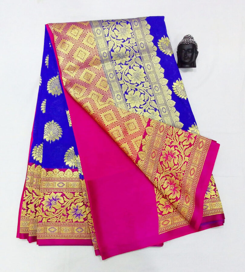 2B Royal Blue wb Barbie Pink with Golden Zari Banarasi Silk Saree