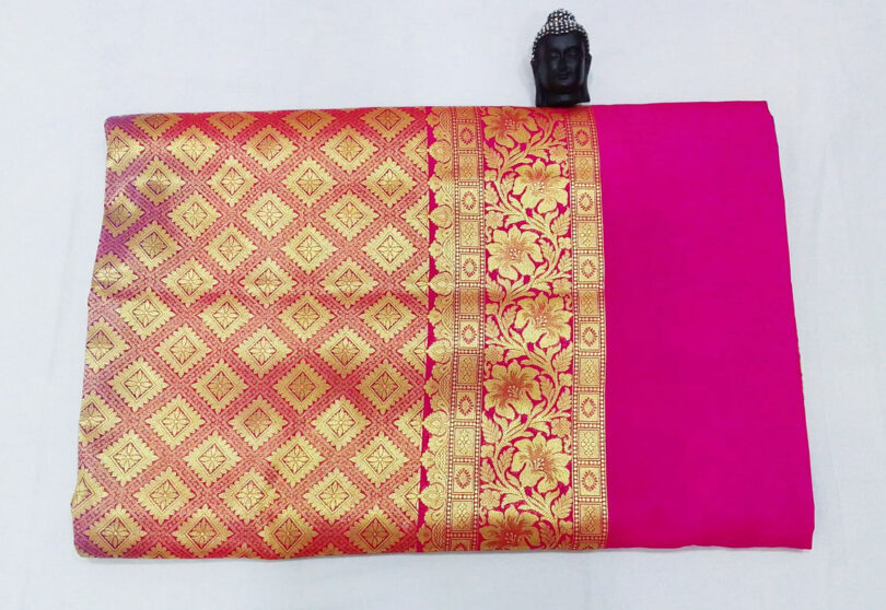 2B Royal Blue wb Barbie Pink with Golden Zari Banarasi Silk Saree - Image 3