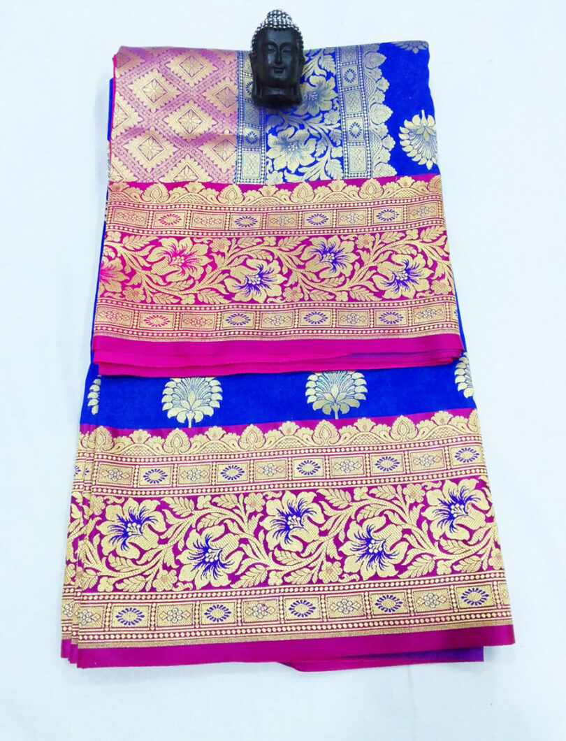 2B Royal Blue wb Barbie Pink with Golden Zari Banarasi Silk Saree - Image 4