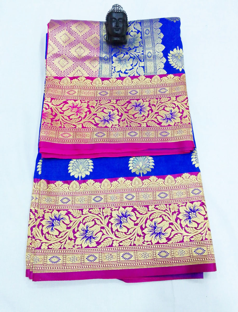 2B Royal Blue wb Barbie Pink with Golden Zari Banarasi Silk Saree - Image 4