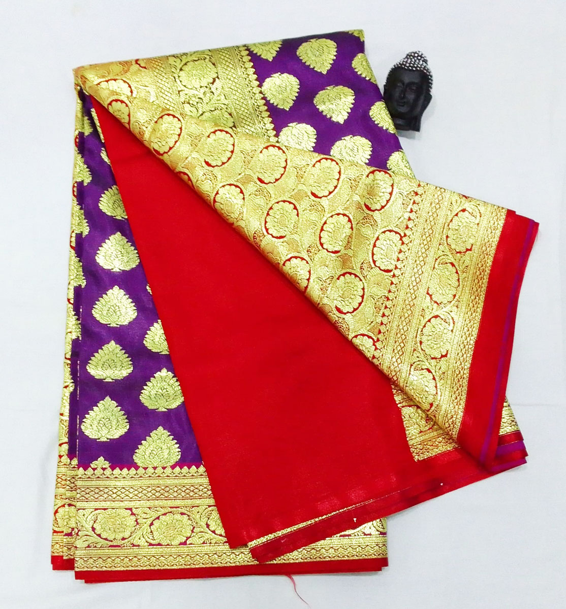 2B Eggplant Purple wb Crimson Red with Golden Zari Banarasi Silk Saree
