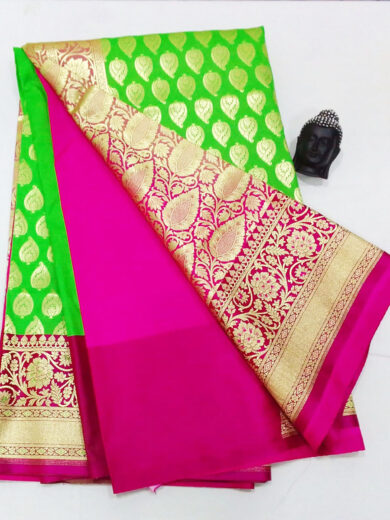 2B Kelly Green wb Barbie Pink with Golden Zari Banarasi Silk Saree