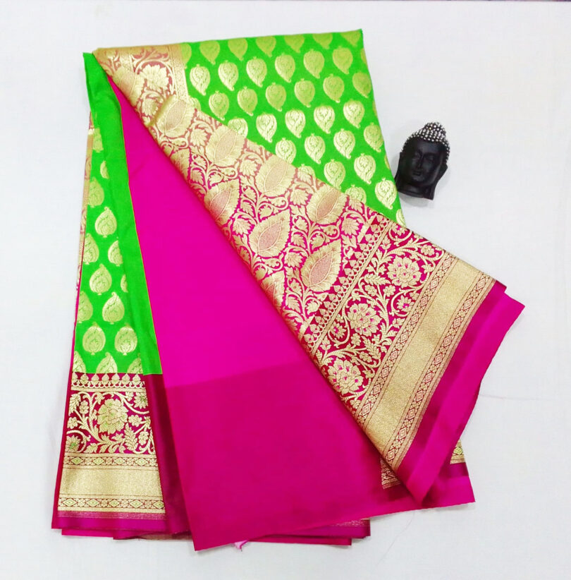 2B Kelly Green wb Barbie Pink with Golden Zari Banarasi Silk Saree