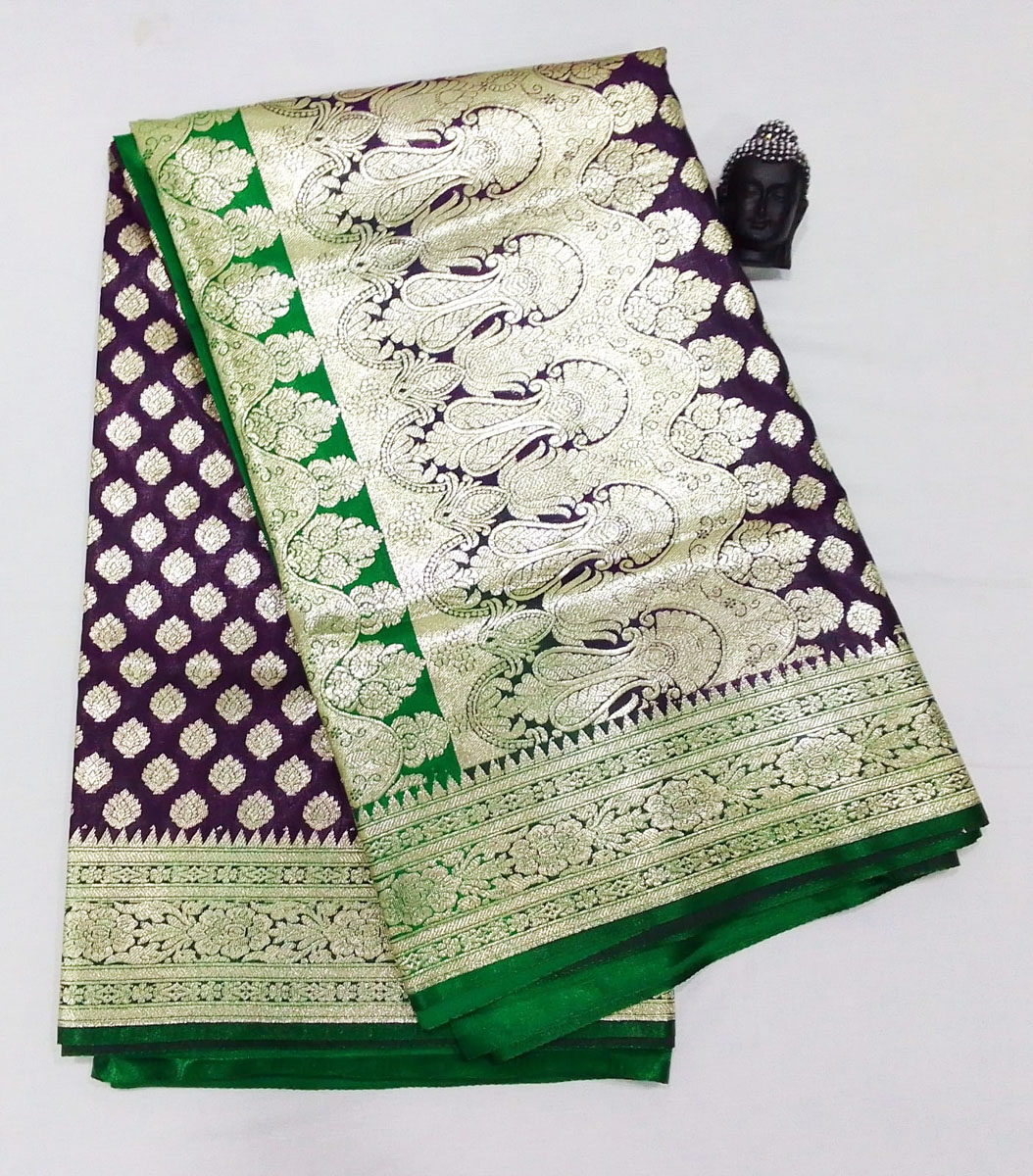 2B Wine Purple wb Emerald Green with Golden Zari Banarasi Silk Saree - Image 2
