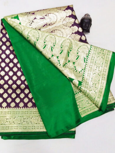 2B Wine Purple wb Emerald Green with Golden Zari Banarasi Silk Saree