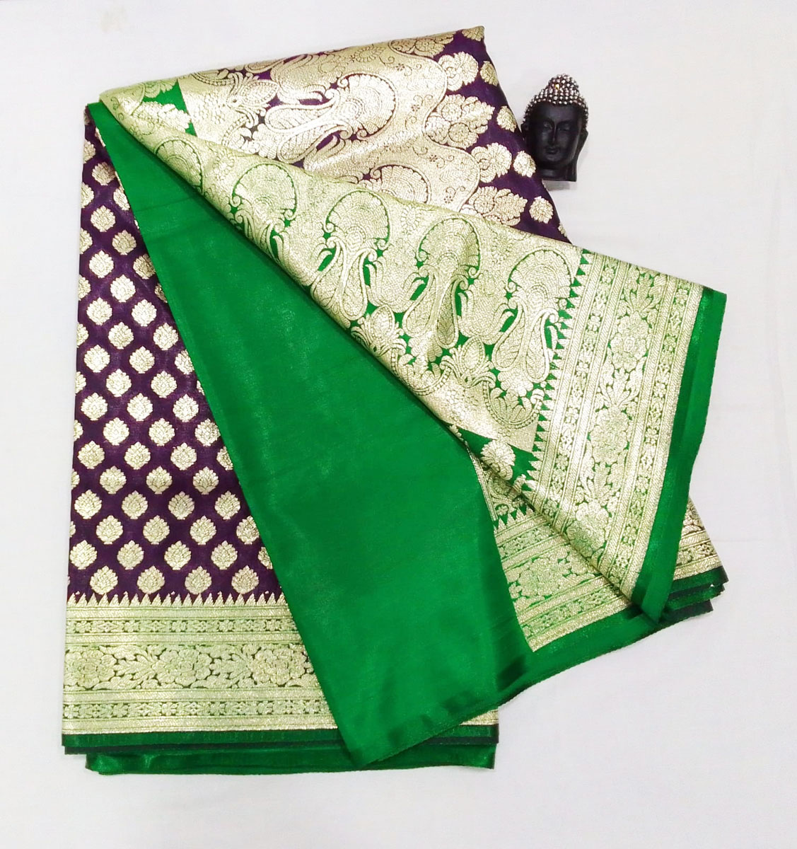 2B Wine Purple wb Emerald Green with Golden Zari Banarasi Silk Saree