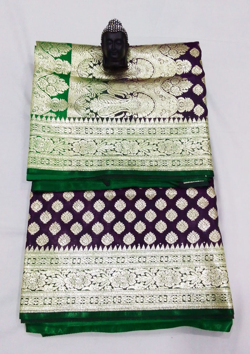 2B Wine Purple wb Emerald Green with Golden Zari Banarasi Silk Saree - Image 5