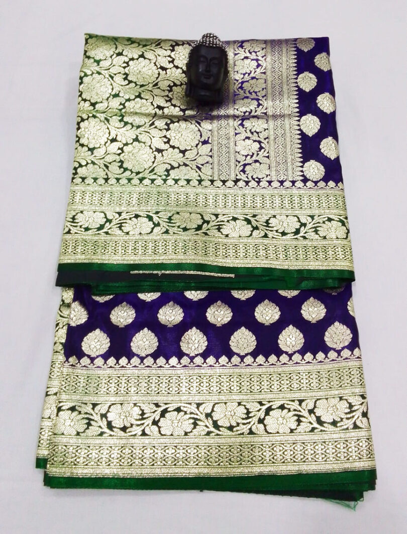 2B Royal Blue wb Dark Green Golden Zari Banarasi Silk Saree - Image 4
