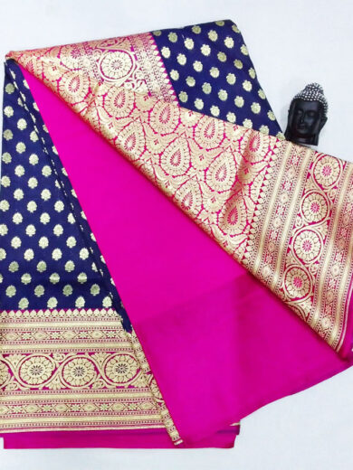 2B Navy Blue wb Barbie Pink with Golden Zari Banarasi Silk Saree