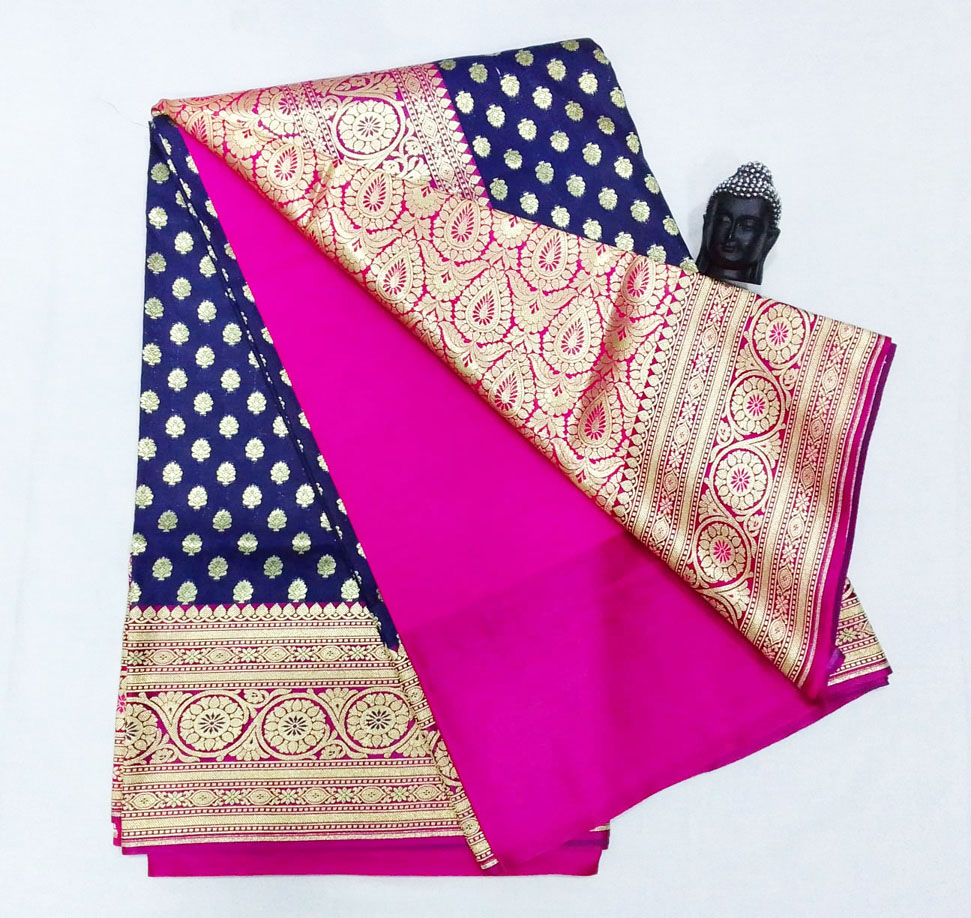2B Navy Blue wb Barbie Pink with Golden Zari Banarasi Silk Saree