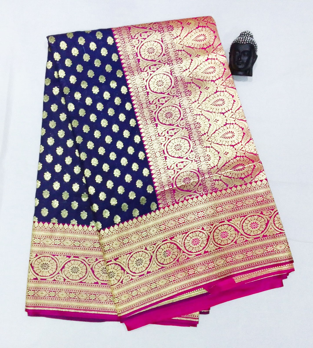 2B Navy Blue wb Barbie Pink with Golden Zari Banarasi Silk Saree - Image 3