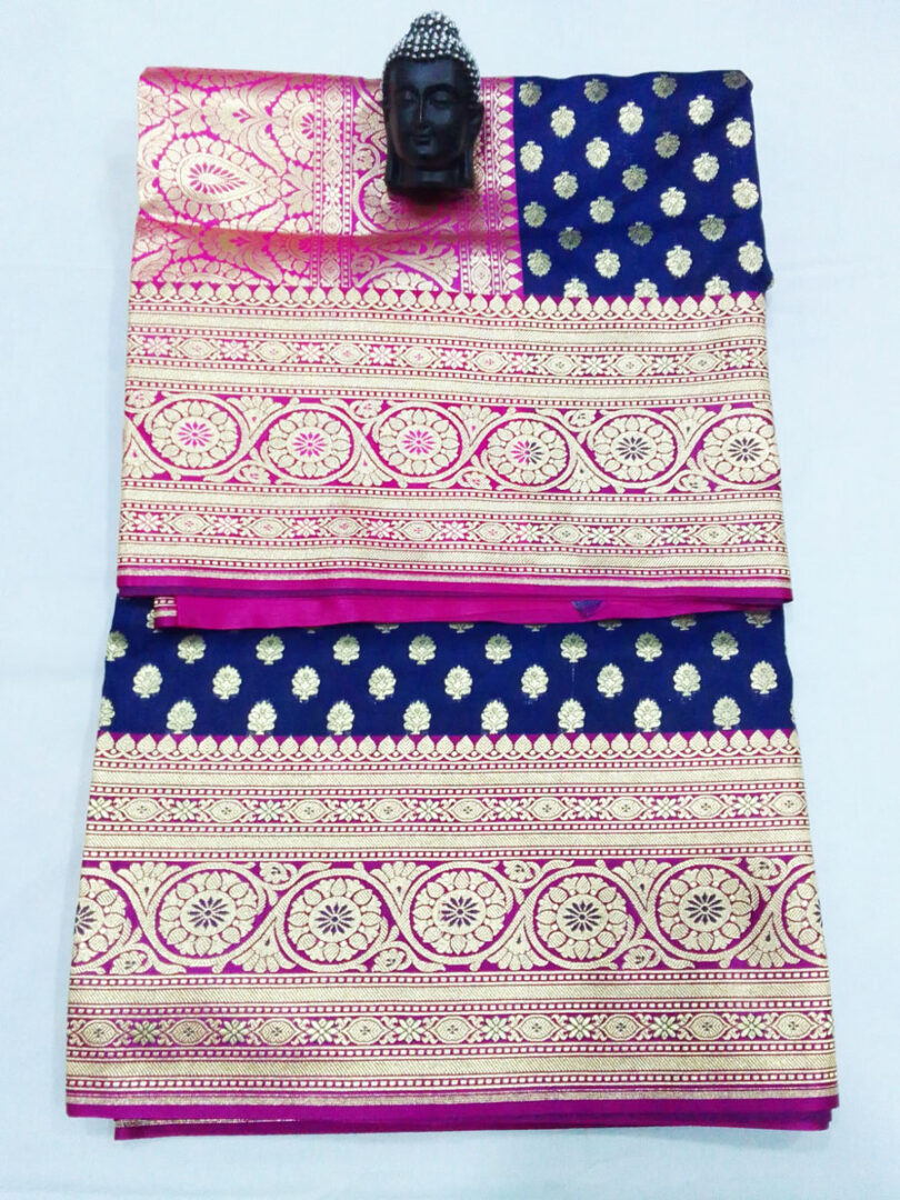 2B Navy Blue wb Barbie Pink with Golden Zari Banarasi Silk Saree - Image 5