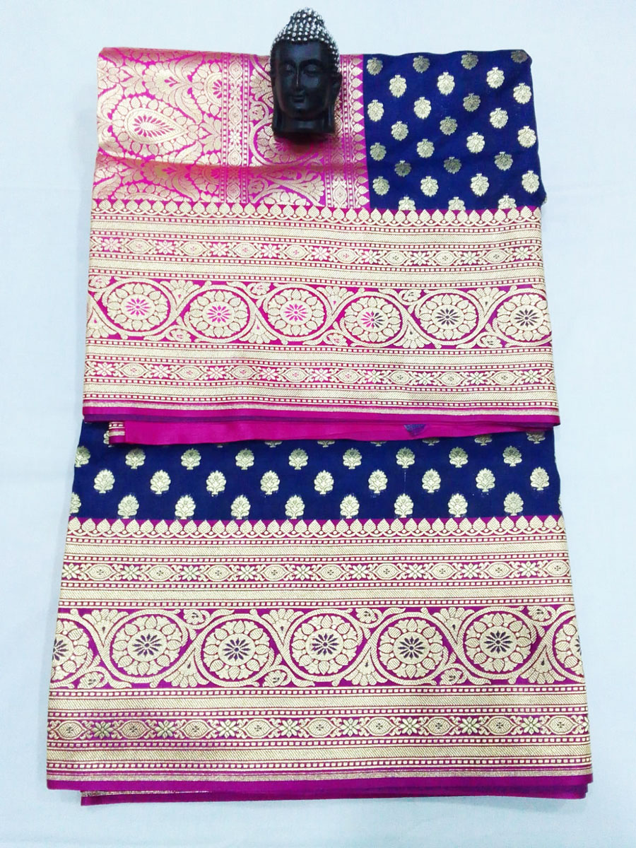 2B Navy Blue wb Barbie Pink with Golden Zari Banarasi Silk Saree - Image 5