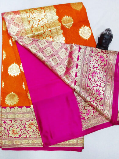 2B Dark Orange wb Barbie Pink with Golden Zari Banarasi Silk Saree