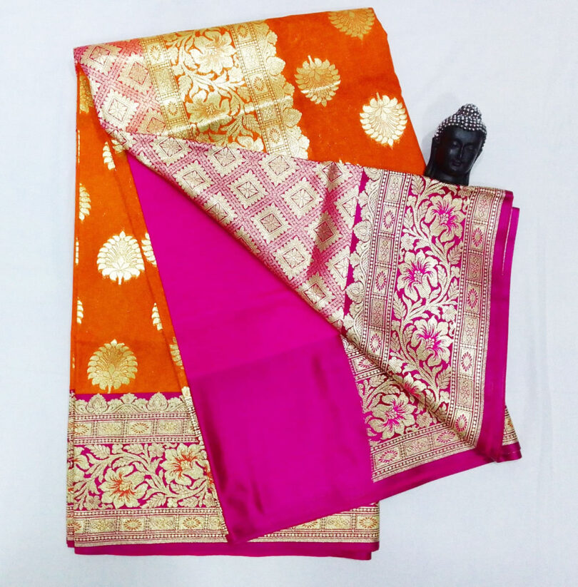 2B Dark Orange wb Barbie Pink with Golden Zari Banarasi Silk Saree