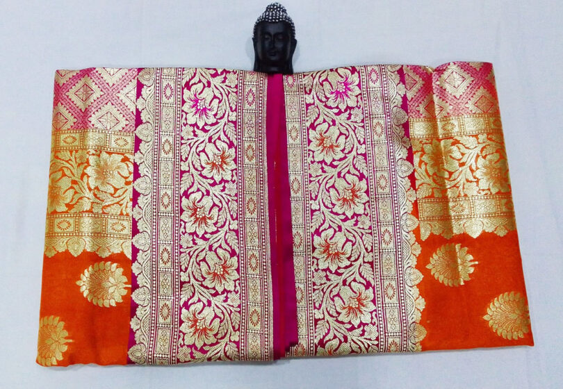 2B Dark Orange wb Barbie Pink with Golden Zari Banarasi Silk Saree - Image 2
