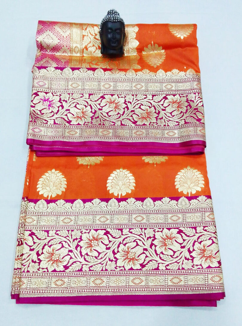 2B Dark Orange wb Barbie Pink with Golden Zari Banarasi Silk Saree - Image 3