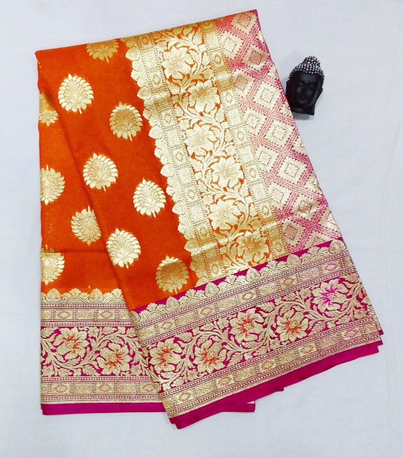 2B Dark Orange wb Barbie Pink with Golden Zari Banarasi Silk Saree - Image 5