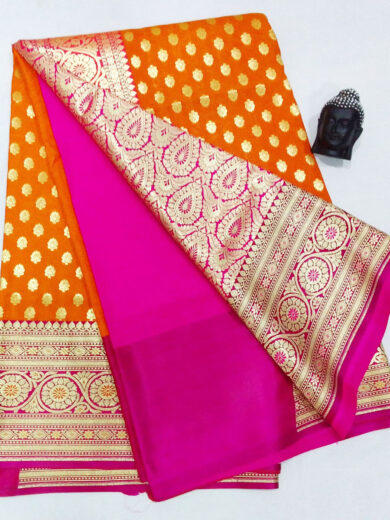 2B Dark Orange wb Barbie Pink with Golden Zari Banarasi Silk Saree