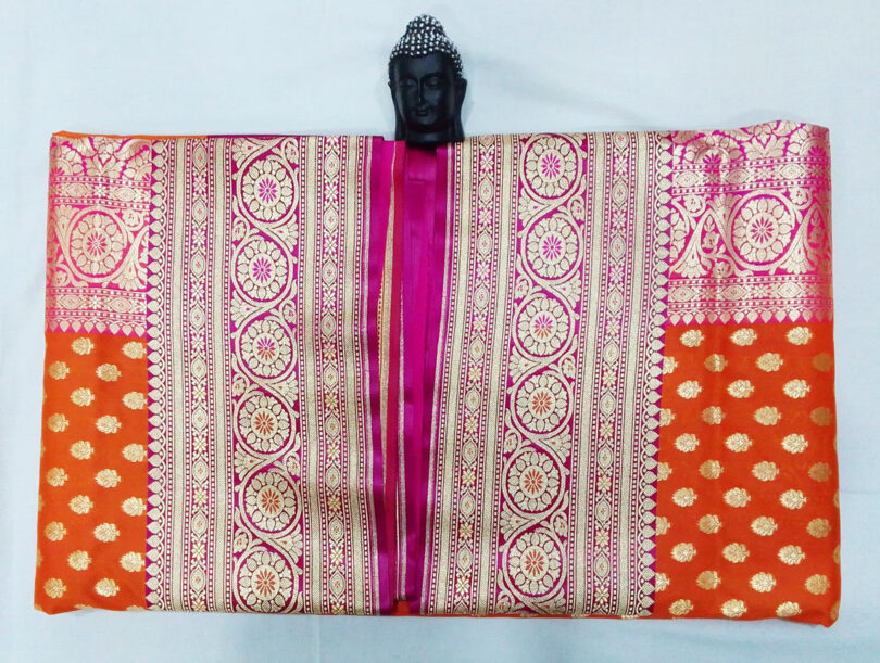 2B Dark Orange wb Barbie Pink with Golden Zari Banarasi Silk Saree - Image 2