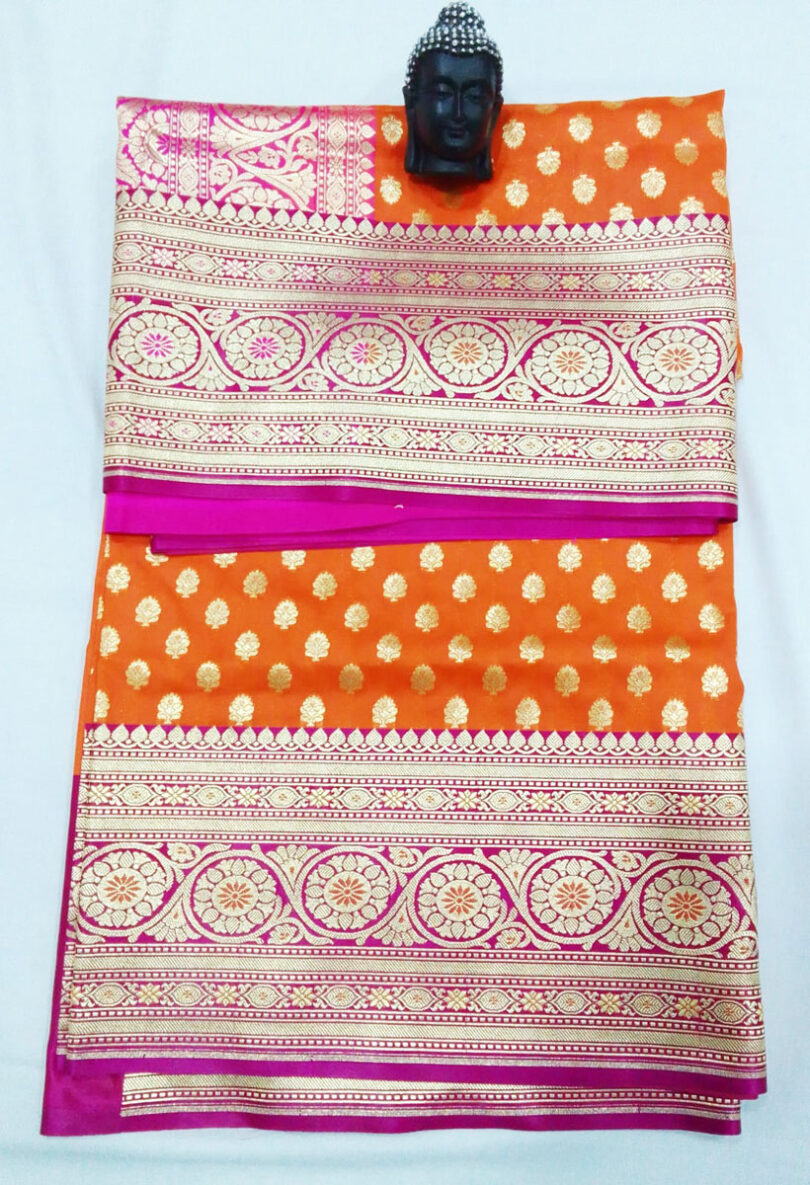 2B Dark Orange wb Barbie Pink with Golden Zari Banarasi Silk Saree - Image 3