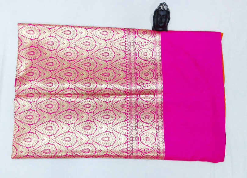 2B Dark Orange wb Barbie Pink with Golden Zari Banarasi Silk Saree - Image 4