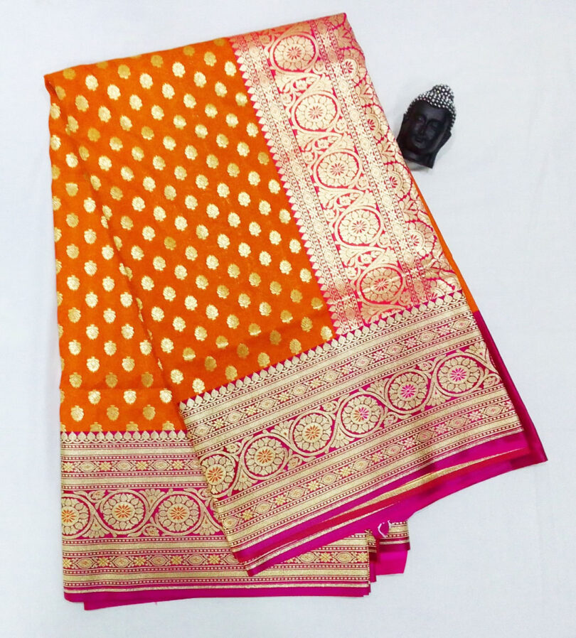 2B Dark Orange wb Barbie Pink with Golden Zari Banarasi Silk Saree - Image 5