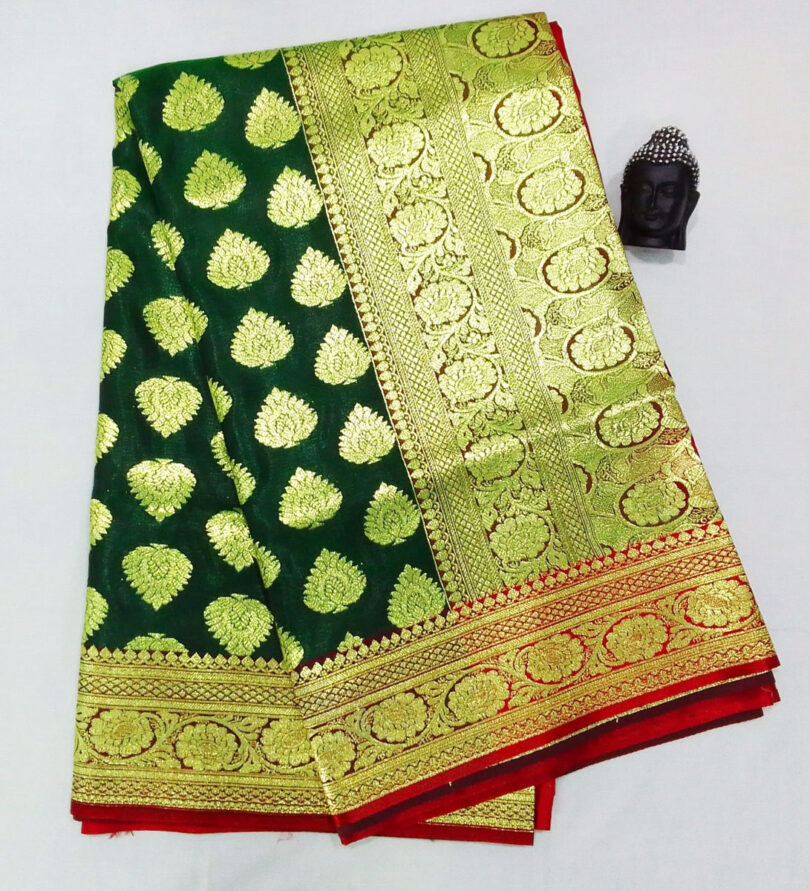 2B Sacramento Green wb Ruby Red with Golden Zari Banarasi Silk Saree - Image 5