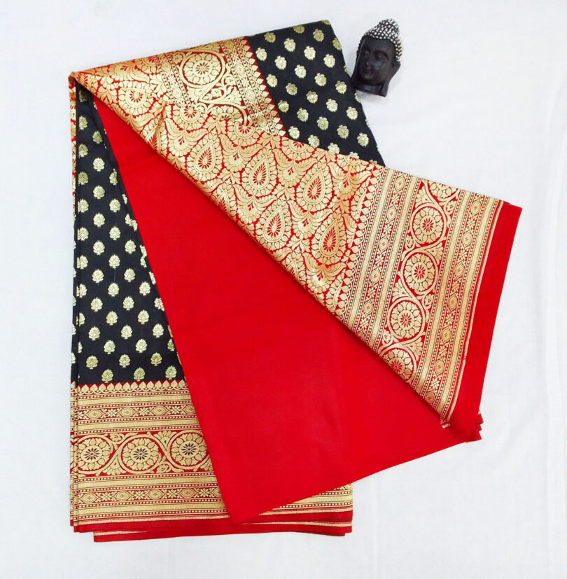 2B Coal Black wb Ruby Red with Golden Zari Banarasi Silk Saree