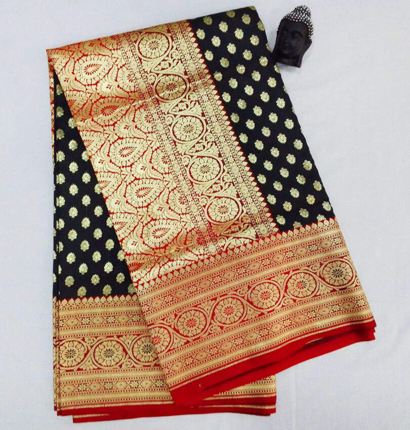 2B Coal Black wb Ruby Red with Golden Zari Banarasi Silk Saree - Image 3