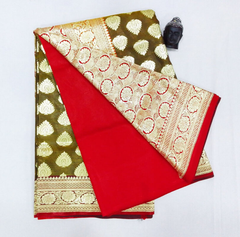 2B Caramel Brown wb Ruby Red with Golden Zari Banarasi Silk Saree