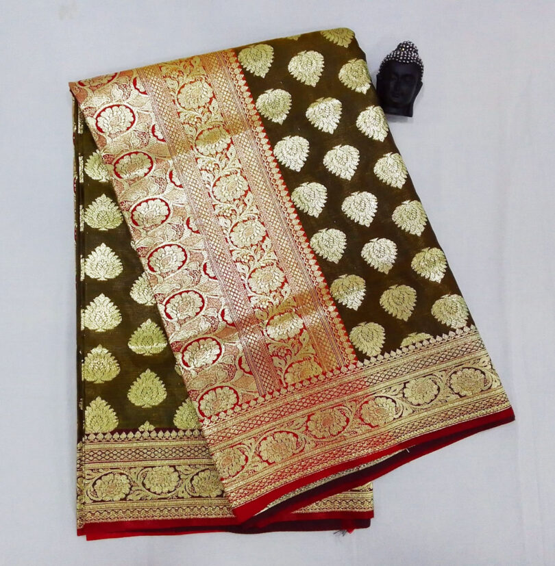 2B Caramel Brown wb Ruby Red with Golden Zari Banarasi Silk Saree - Image 4