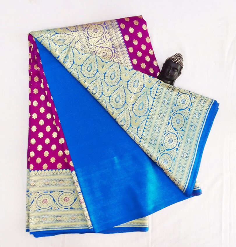 2B Magenta Purple wb Azure Blue with Golden Zari Banarasi Silk Saree