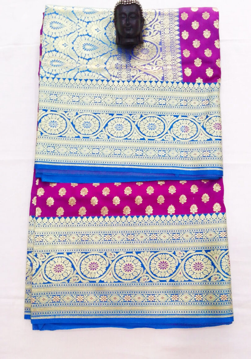 2B Magenta Purple wb Azure Blue with Golden Zari Banarasi Silk Saree - Image 3