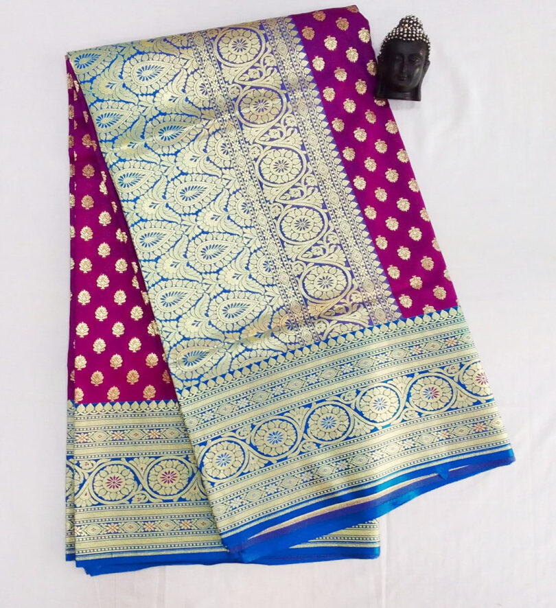 2B Magenta Purple wb Azure Blue with Golden Zari Banarasi Silk Saree - Image 4